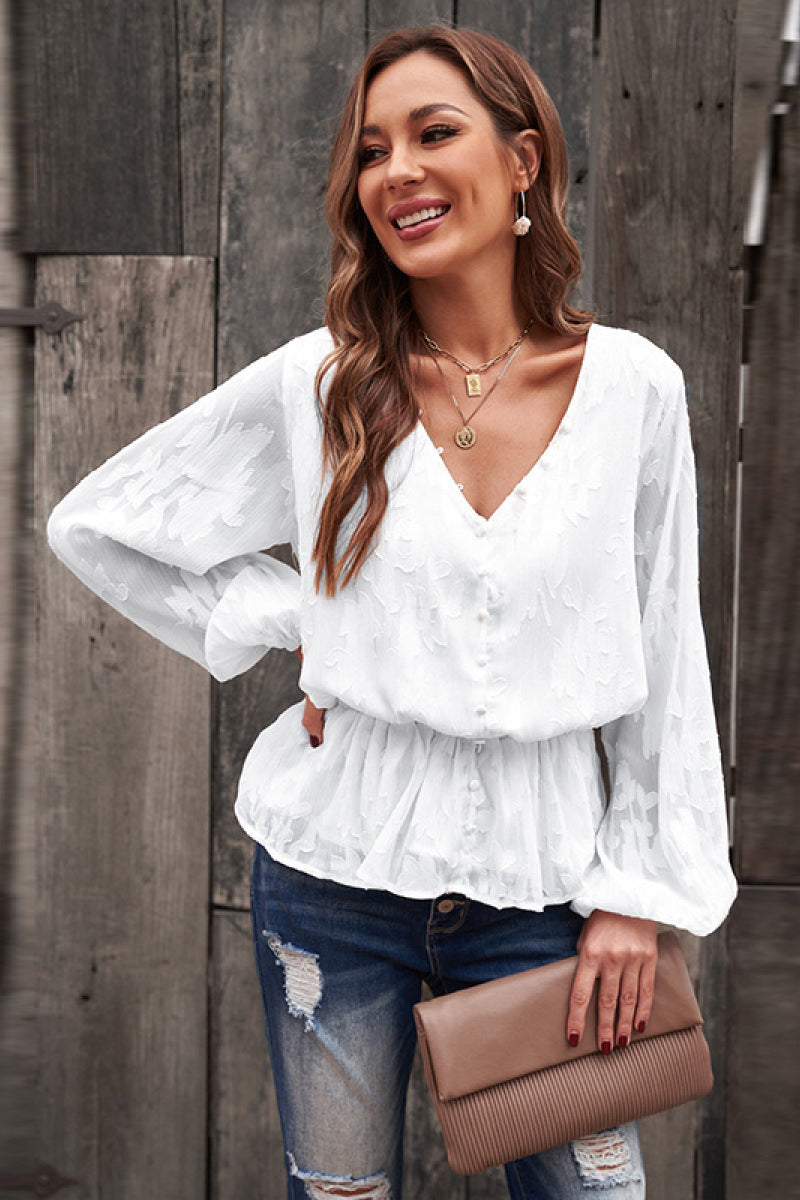 Floral Jacquard Buttoned Long Sleeve Blouse