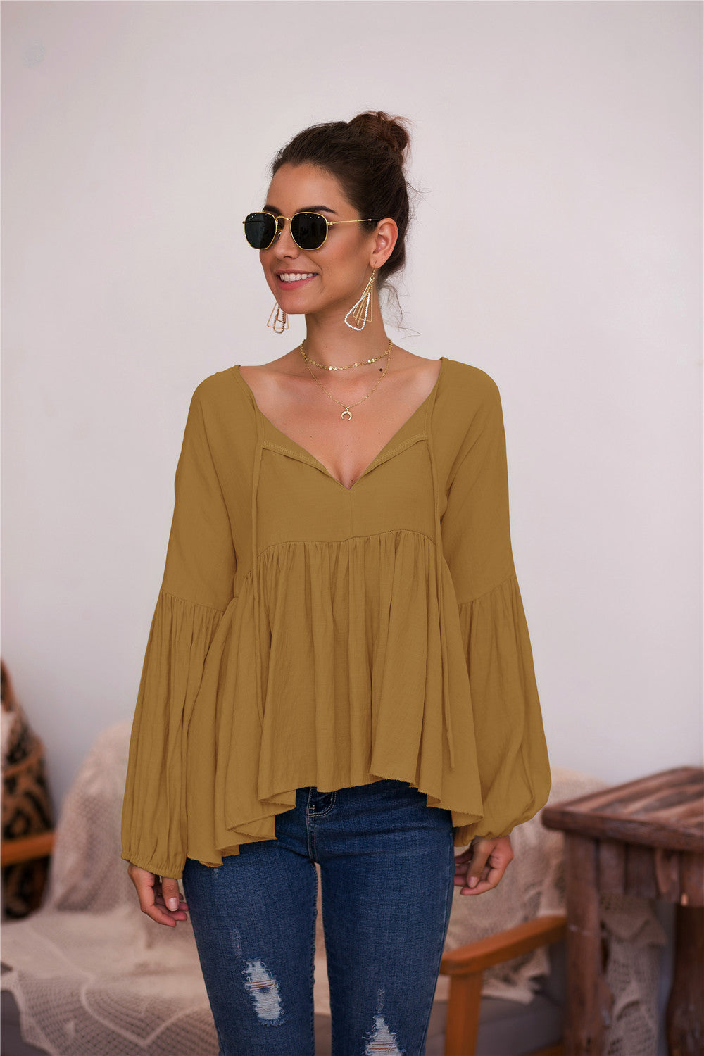 Puff Long Sleeve Pleated Top