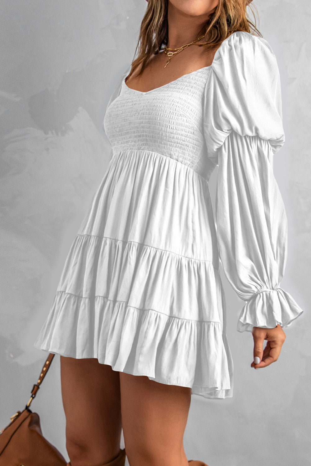 Smocked Off-Shoulder Tiered Mini Dress