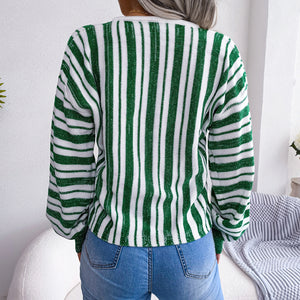 Striped Lace-Up V-Neck Sweater