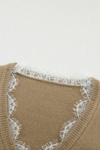 Lace Trim Flounce Sleeve V-Neck Sweater