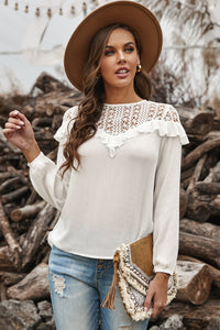 White Hollow-out Ruffle Long Sleeve Blouse