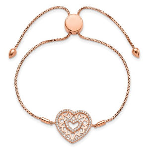 Sterling Silver Rose-tone CZ Brilliant Embers Heart Adjustable Bracelet