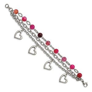 Stainless Steel Polished with Pink Agate and Hearts 7.75in Bracelet