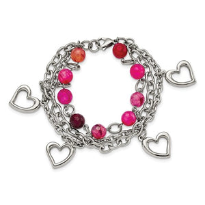 Stainless Steel Polished with Pink Agate and Hearts 7.75in Bracelet