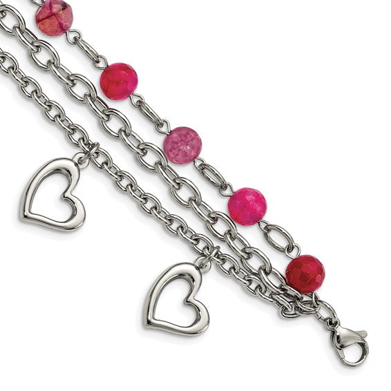 Stainless Steel Polished with Pink Agate and Hearts 7.75in Bracelet