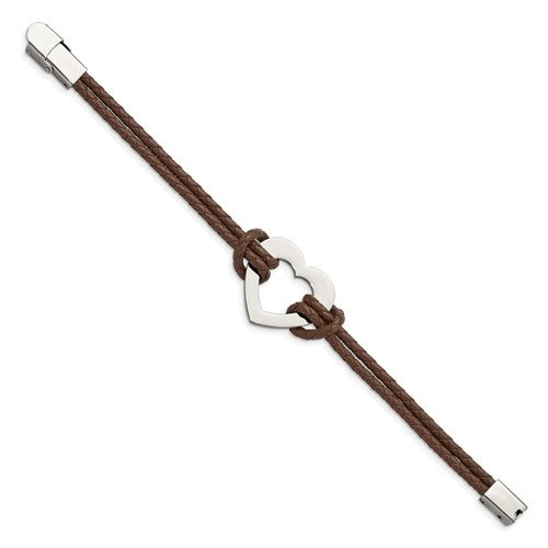 Stainless Steel Polished Heart Leather 7.5in Bracelet