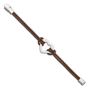Stainless Steel Polished Heart Leather 7.5in Bracelet