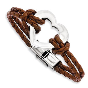 Stainless Steel Polished Heart Leather 7.5in Bracelet