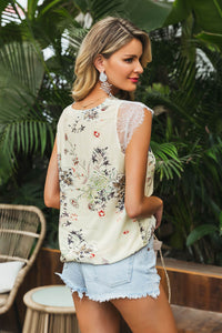 Floral Lace Trim Capped Sleeve Top