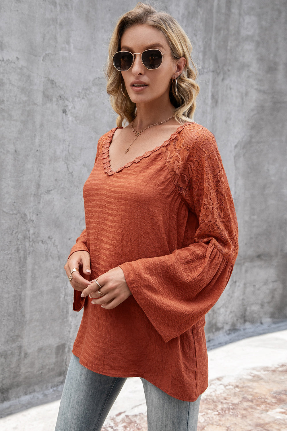 Lace Trim Flare Sleeve Top