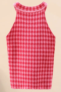 Plaid Round Neck Sleeveless Knit Top